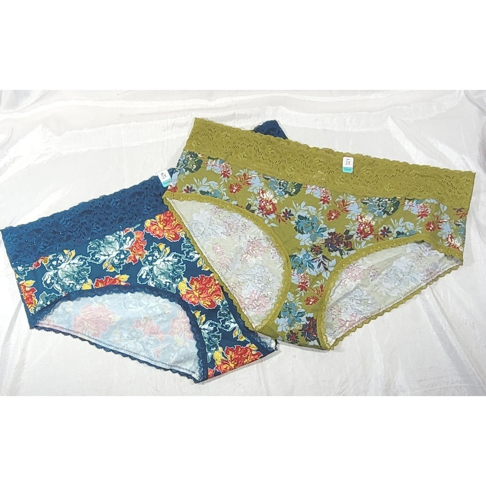2 Pairs Maurices Blue & Green Floral Cotton Lace Hipster Panty Briefs - Size 2X